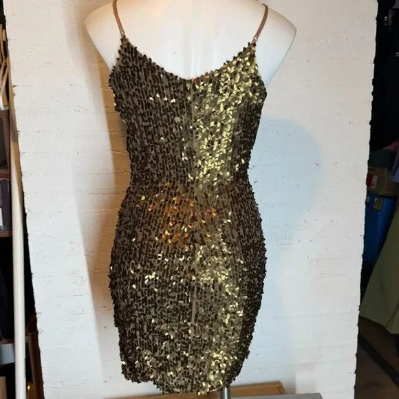 Glam Party Cocktail Metalic Gold Eight Sixty Sequin Bodicon Spaghetti Strap S - Picture 7 of 8